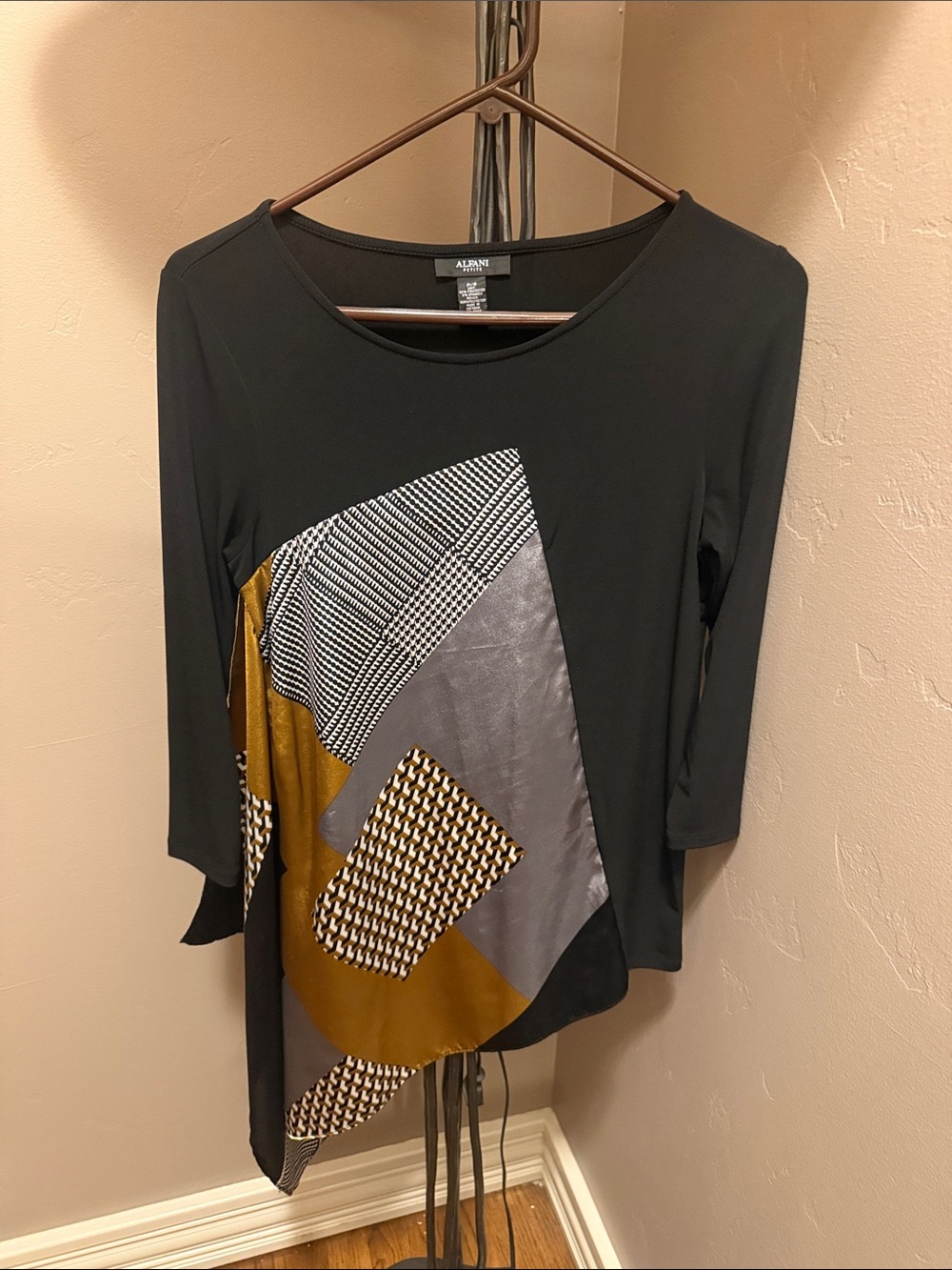 Alfani Black Long-Sleeve Top with Mixed Geometric Panels